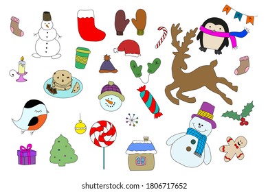 Esbozo temático. Esbozo de invierno. Vector. Antecedentes. Ilustración. Venado, muñeco de nieve, langosta, caramelos, regalo, vela, hombre de nieve