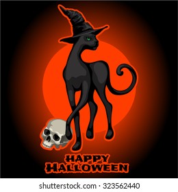 Thematic sketch with the words Happy Halloween and a black cat with a human skull for the poster, invitations or other cards. Vector.