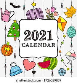 Thematic template for a calendar for 2021. Cover for the calendar with the seasons. Pattern for printing yearbooks and notebooks. Vector hand-drawn illustration, doodle style.