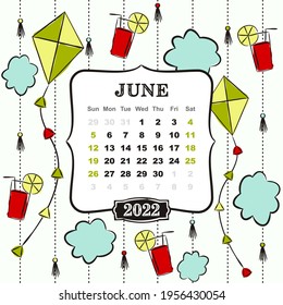 Thematic template for a calendar for 2022. The month of June. Design for the calendar on the theme of summer, clouds, kites and lemonade. Yearbooks. Vector hand-drawn illustration, doodle style.