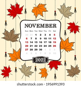 Thematic template for a calendar for 2022. The month of November. Design for the calendar on the theme of autumn, yellow and orange maple leaves. Vector hand-drawn illustration, doodle style.