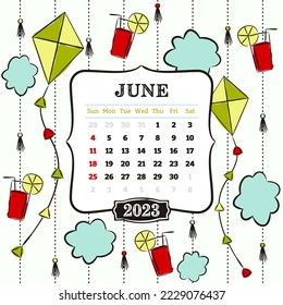 Thematic template for a calendar for 2023. The month of June. Design for the calendar on the theme of summer, clouds, kites and lemonade. Yearbooks. Vector hand-drawn illustration, doodle style.
