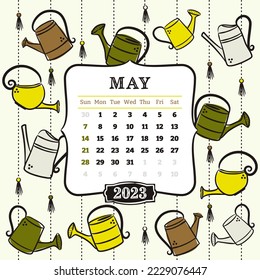 Thematic template for a calendar for 2023. The month of May. Design for the calendar on the theme of spring and garden work, colorful garden watering cans. Vector hand-drawn illustration, doodle style