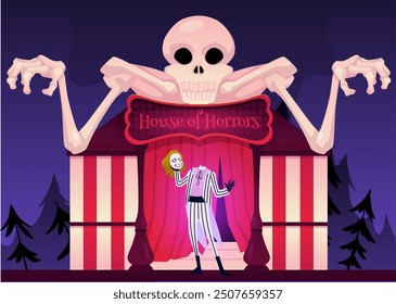 Theme amusement park. Beetlejuice in a striped suit. House of horror with a skeleton with a skull above the entrance. Gothic character. Carnival of fear. Halloween. Cartoon style. Vector illustration.