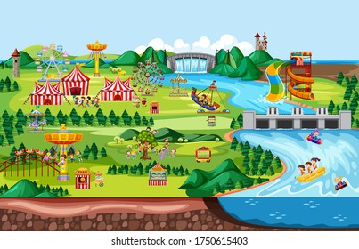 Theme amusement park landscape scene and many rides with happy children  illustration