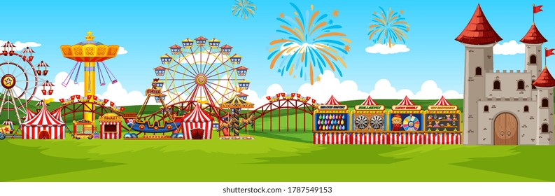 Theme amusement park landscape scene panorama view cartoon style illustration