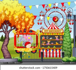 Theme amusement park scene ferris wheel with kid and toy knockout illustration