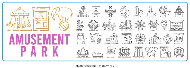 Theme amusement park sing. Thin line icons set. roller coaster and festival fun. Linear style illustrations isolated on white