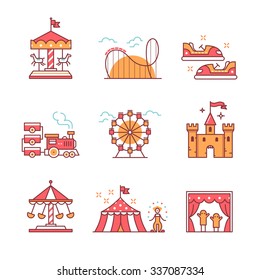 Theme amusement park sings set. Thin line art icons. Flat style illustrations isolated on white.