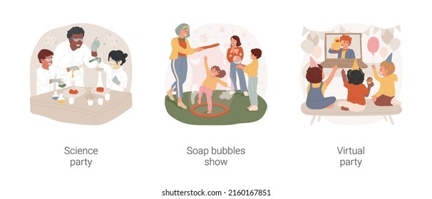 Theme Birthday party isolated cartoon vector illustration set. Science lab performance, entertainer in white coat, soap bubbles show, virtual Birthday party, online entertainment vector cartoon.
