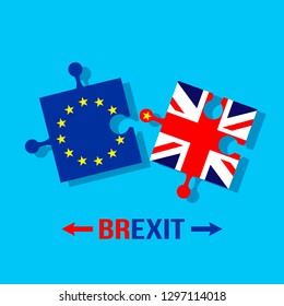 Theme Brexit. Flags puzzles of the European Union and Britain do not want to be combined. flat vector illustration isolated on blue background