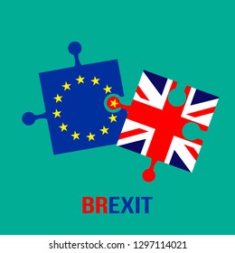 Theme Brexit. Flags puzzles of the European Union and Britain do not want to be combined. flat vector illustration isolated on blue background