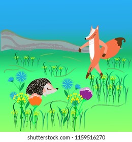  Theme card with fox and hedgehog on a flower meadow, vector illustration 