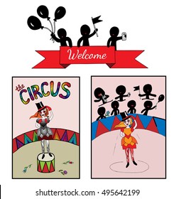 Theme circus with a girl on the stage and audience. Art element for adult coloring book page design, child magazine, banner, template.
