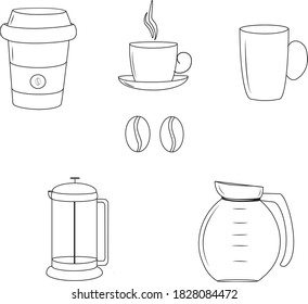 
Thema mit Kaffeetassen, französischer Presse, Kaffeemaschine, Kaffeebohnen.