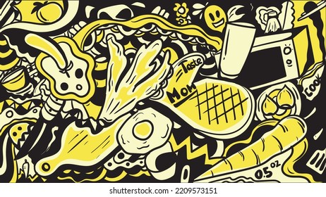 Theme Of Cooking In A Doodle Style. Suitable For Wallpaper  Of Cooking At Home And In The Restaurant.