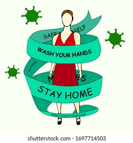 The theme of coronavirus, a girl without a face in the tape with the rules for combating the virus, the rules of hygiene, stay home, wash your hands, don't touch your face. Pandemic, self-isolation.