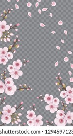 Theme design textiles, wallpaper, packaging, printing, story. Pink on transparent background. Spring frame vertical of sakura flowers. Handmade background in Chinese style.