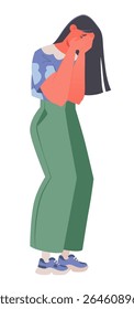 Tema de desespero, estado descontrolado de tristeza e uma das manifestações da depressão. Garota muito chateada chorando, escondendo o rosto em suas mãos. Toda a figura do personagem reflete seu desespero.