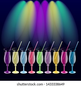 Theme of disco, party, holiday, night club. On a vector drawing on a dark background there are many colorful cocktails and colorful lights.
