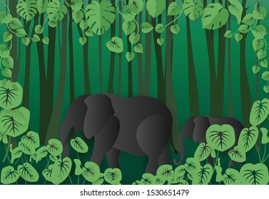 Theme of green leaves of tropical forests, paper art
