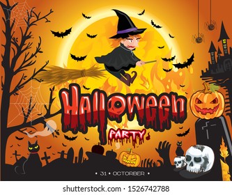 Theme halloween party with wizard, pumpkin, skull, bat, dead tree in tomb on full moon background