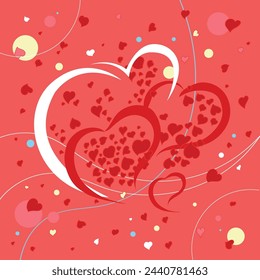 The theme is hearts in love. A color vector image on a red background, drawn in Adobe Illustrator. The image is intended for printing.