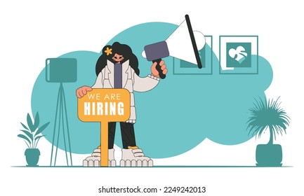 The theme is Human Resource. A woman with a megaphone, symbolizing the search for people in the labor market.