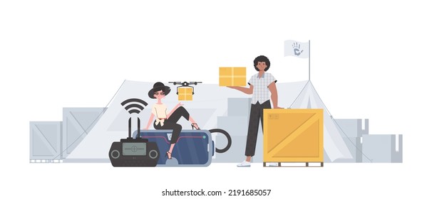 El tema de la ayuda humanitaria. El dron está transportando el paquete. Hombre y mujer con cajas de cartón. estilo de moda. Vector.