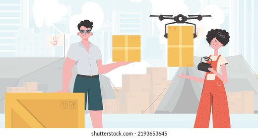 The theme of humanitarian aid. The drone is transporting the parcel. Man and woman with cardboard boxes. Flat modern design. Vector.