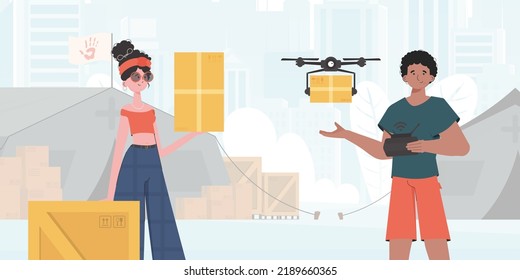 The theme of humanitarian aid. The quadcopter is transporting the parcel. Man and woman with cardboard boxes. Vector.