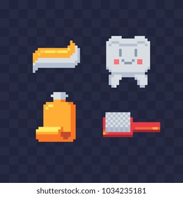 Theme of hygiene. Elements in bathroom pixel art icons set. Bathroom items toothbrush tube toothpaste and tooth isolated vector illustration. Sticker design. Game assets 8-bit sprites.