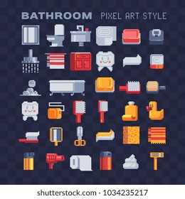 Theme of hygiene. Elements in bathroom pixel art icons set. Bathroom items. Isolated vector illustration. Sticker design. Game assets 8-bit sprites.