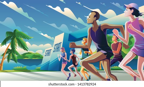 A theme, a key visual, an illustration of marathon runners at starting point in vector. It is suitable for being used as a theme for marathon campaign.