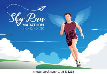 A Theme, A Key Visual, An Illustration Of Marathon Runners With The Wings On Back Under The Blue Sky In Vector. It Is Suitable For Being Used As A Theme For Marathon Theme.