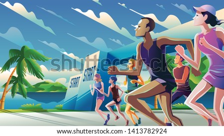 A theme, a key visual, an illustration of marathon runners at starting point in vector. It is suitable for being used as a theme for marathon campaign.