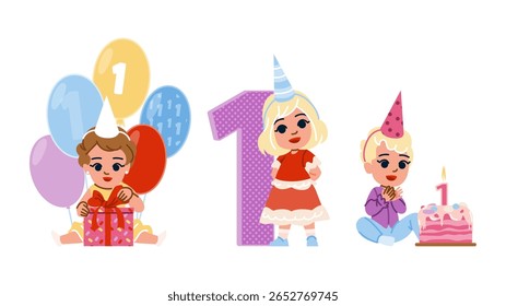 tema menina primeiro aniversário vetor. fotos esmagar, lembranças presentes, convida convidados tema menina primeiro aniversário personagem.