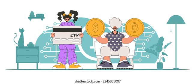 El tema de la gestión de la interacción con los activos monetarios digitales. Equipo de personas interactúan con bitcoin.