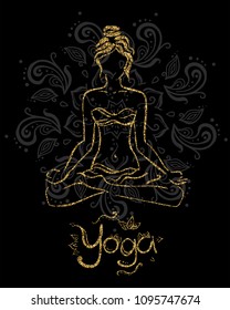Theme of meditation and yoga. Vector illustration for an yoga studio. Black and gold.