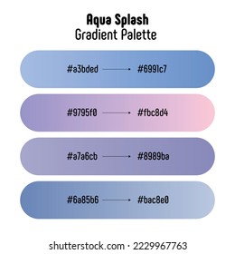 Theme name: Aqua Splash. Blue and pink gradient palette with color codes. Bright, trendy, frequently used transitional tones. Vector.