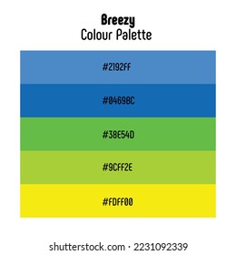 Theme name: Breezy. Colour palette with color codes. Bright, trendy, frequently used transitional tones. Vector.
