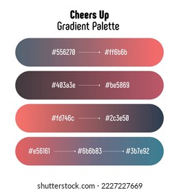 Theme name: Cheers Up. Pink and blue gradient palette with color codes. Bright, trendy, frequently used transitional tones. Vector.