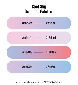 Theme name: Cool Sky. Blue and pink gradient palette with color codes. Bright, trendy, frequently used transitional tones. Vector.