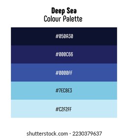 Theme name: Deep Sea. Colour palette with color codes. Bright, trendy, frequently used transitional tones. Vector.