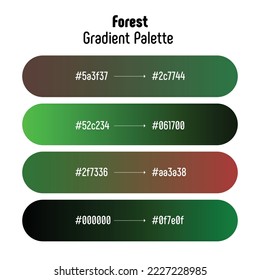 Theme name: Forest. Green and brown gradient palette with color codes. Bright, trendy, frequently used transitional tones. Vector.