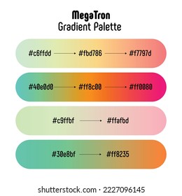 Nombre del tema: Mega Tron. Paleta de degradado de neón con códigos de color. Tonos transitorios luminosos, modernos y utilizados con frecuencia. Vector.