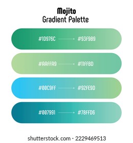 Theme name: Mojito. Green gradient palette with color codes. Bright, trendy, frequently used transitional tones. Vector.
