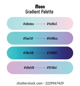 Theme name: Moon. Blue, green and pink gradient palette with color codes. Bright, trendy, frequently used transitional tones. Vector.