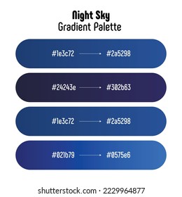 Theme name: Night Sky. Dark blue tones gradient palette with color codes. Bright, trendy, frequently used transitional tones. Vector.