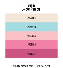 Theme name: Sugar. Colour palette with color codes. Bright, trendy, frequently used transitional tones. Vector.